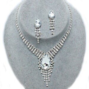 Silver Clear Crystal Rhinestone Teardrop Necklace Earrings Prom Wedding Evening